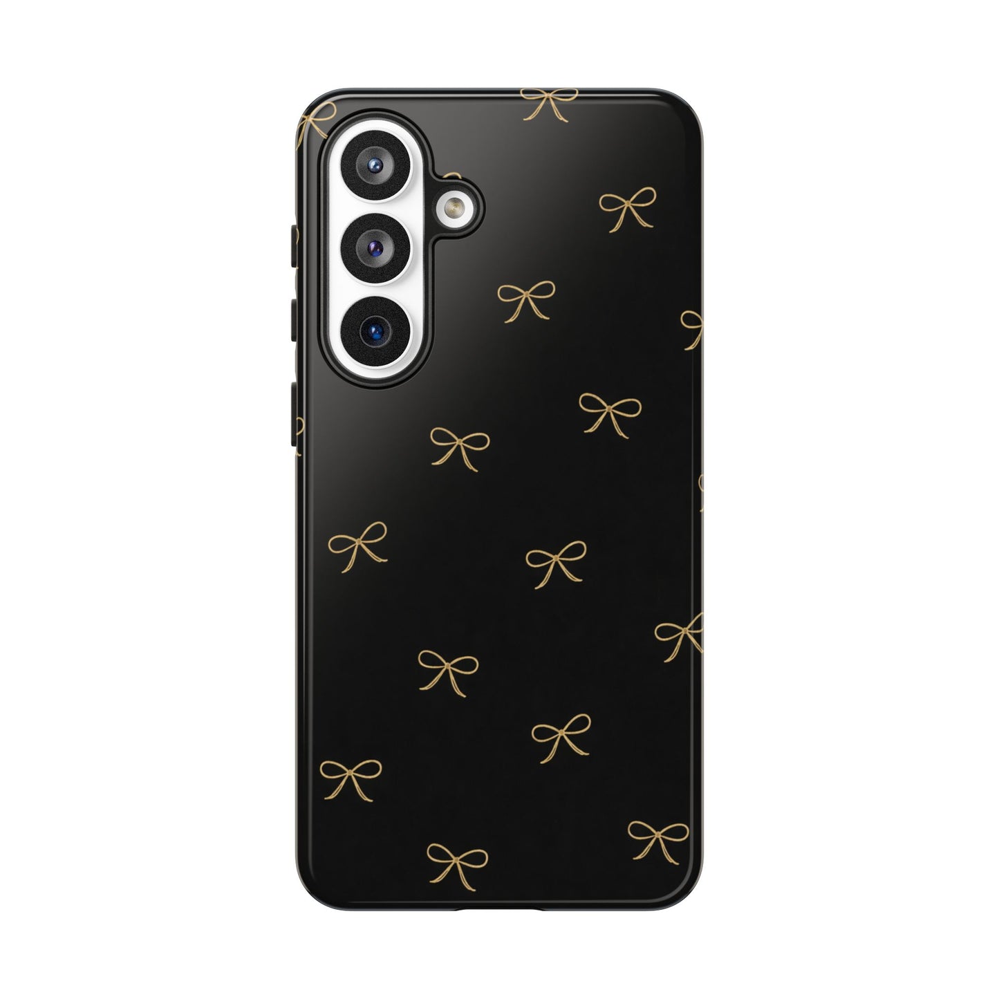 Black Phone Case with Gold Bow Pattern – Slim Protective Cute Aesthetic Cover for Iphone, Samsung Galaxy and Pixel