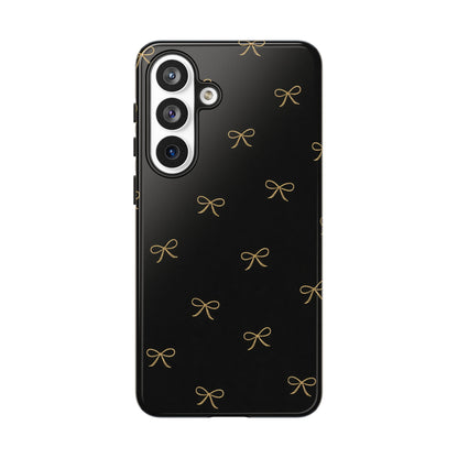 Black Phone Case with Gold Bow Pattern – Slim Protective Cute Aesthetic Cover for Iphone, Samsung Galaxy and Pixel