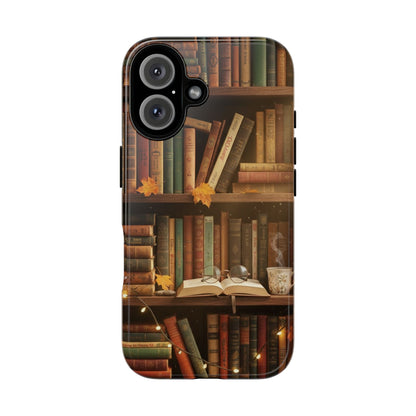 Cozy Vintage Bookshelf Phone Case, Library Aesthetic Book Stack, Autumn Coffee Vibes (iPhone, Samsung, Pixel)