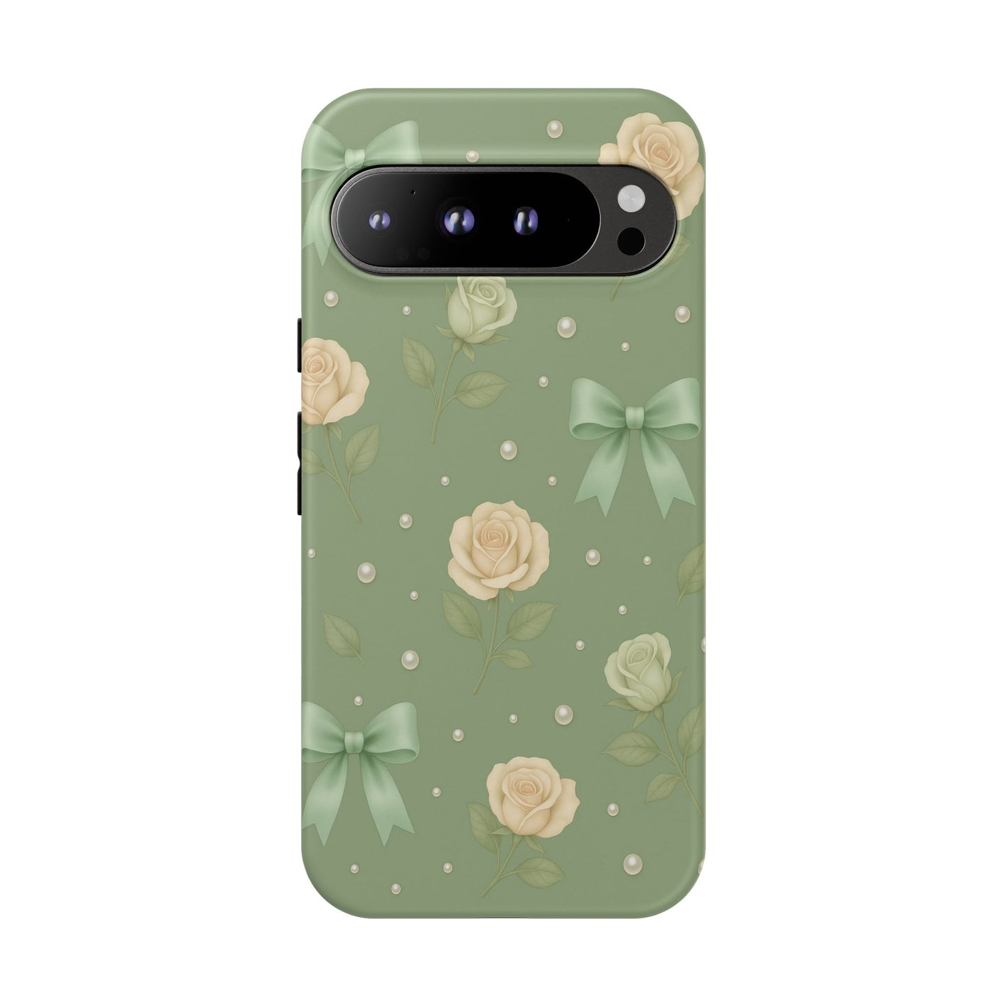 Vintage Rose Bow Phone Case – Sage Green Floral Coquette Aesthetic Tough Case (iPhone, Samsung, Pixel)