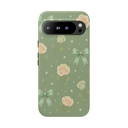 Vintage Rose Bow Phone Case – Sage Green Floral Coquette Aesthetic Tough Case (iPhone, Samsung, Pixel)