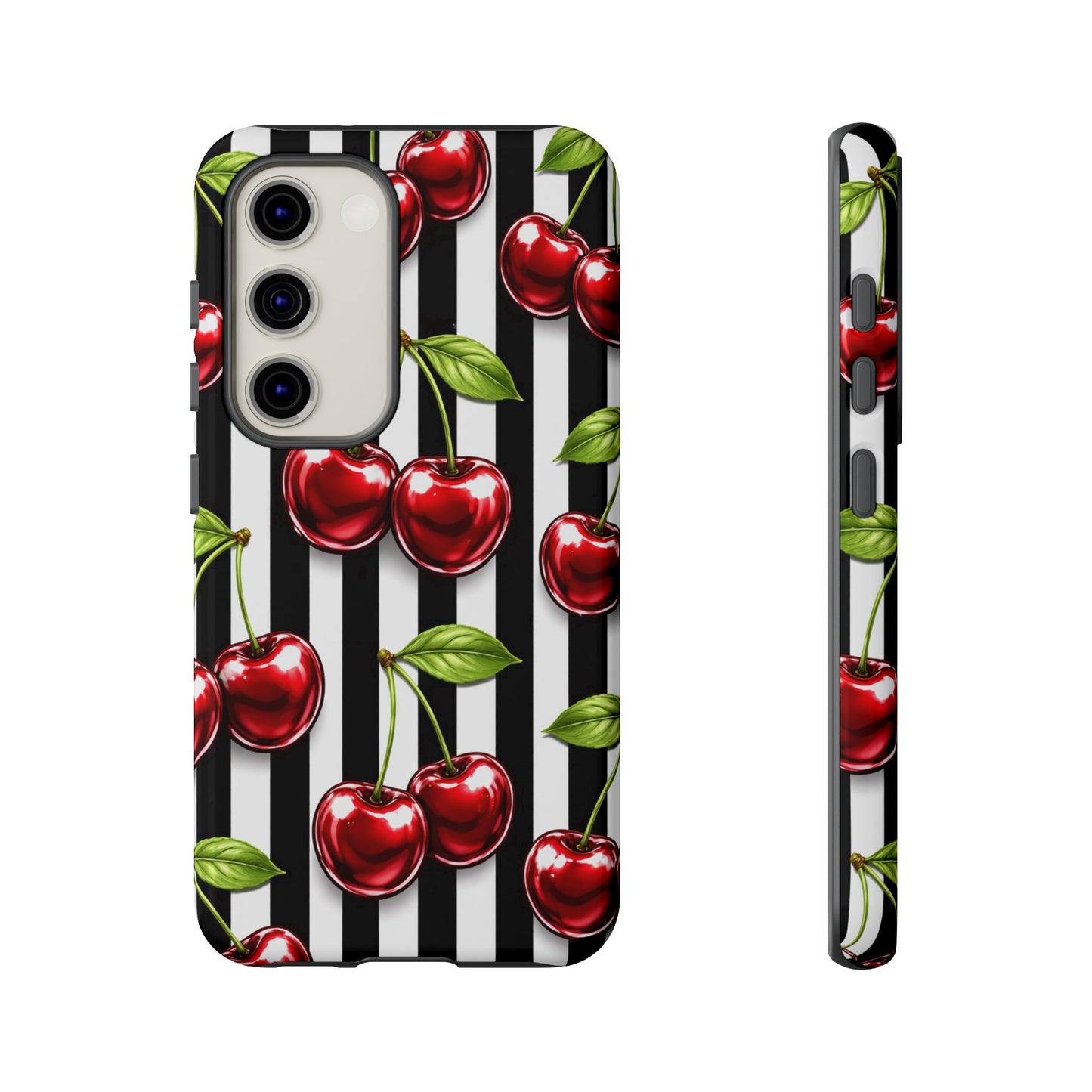Cherry Pattern Phone Case Black White Stripe Retro Aesthetic Tough Cover