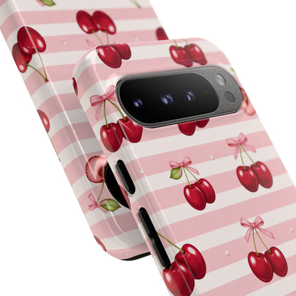 Coquette Cherry Bow Phone Case | Cute Pink Aesthetic Cherry Pattern Tough Case for iPhone & Samsung