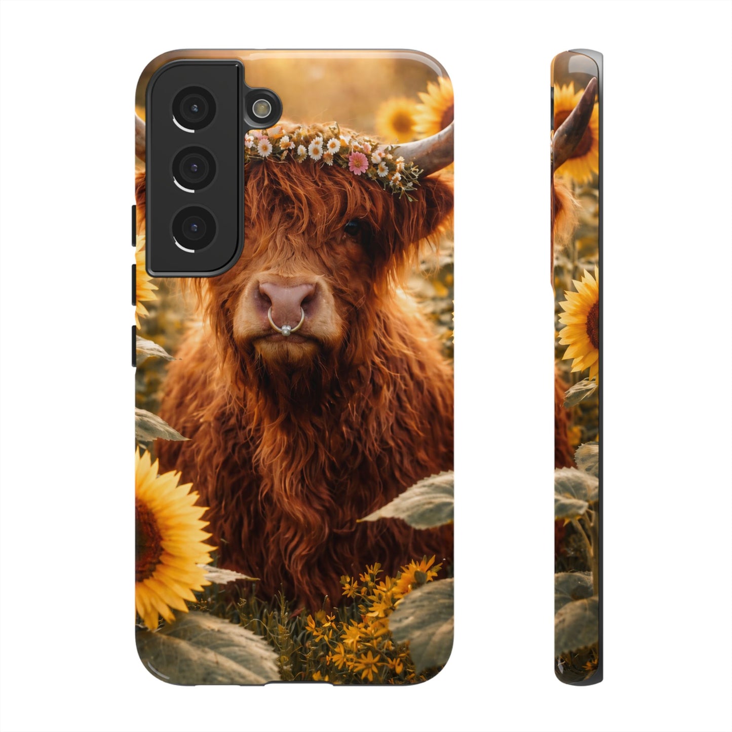 Highland Cow Sunflower Phone Case | Floral Farmhouse iPhone, Samsung Galaxy and Pixel Cover