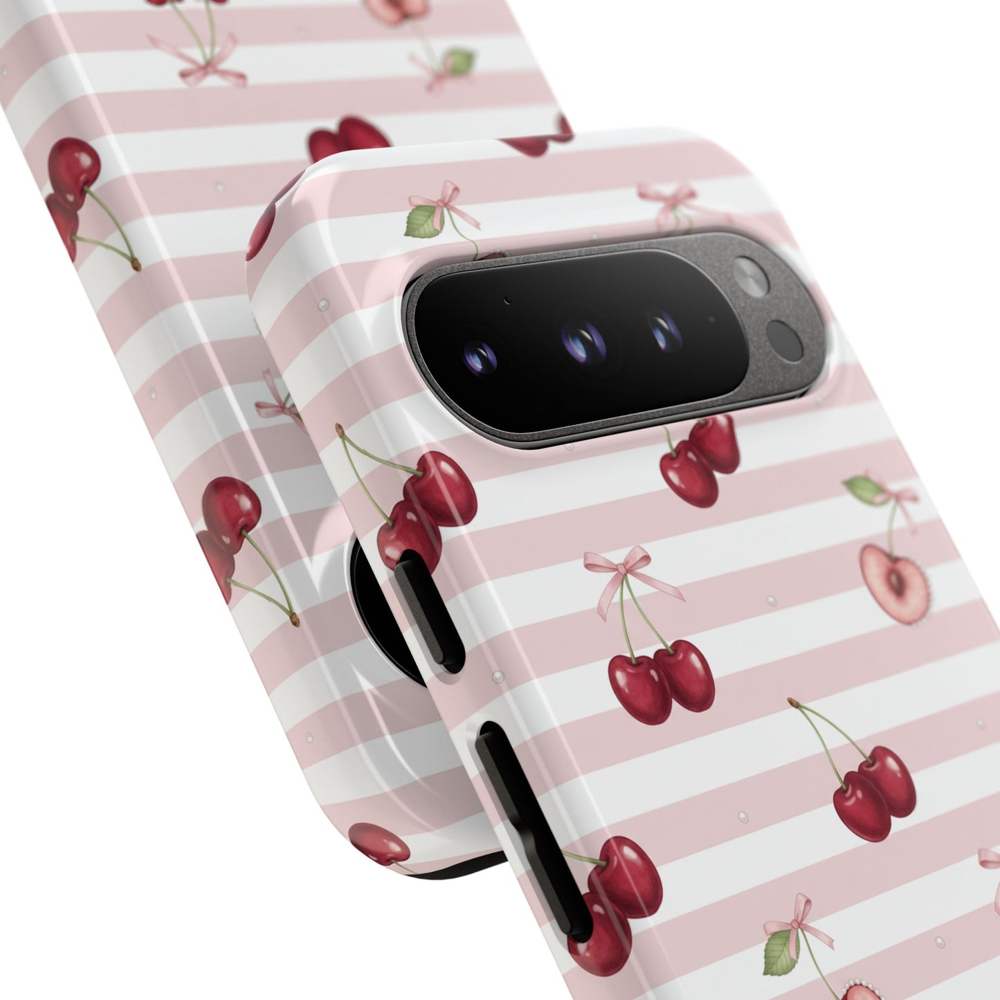 Pink Cherry Stripe Phone Case | Cute Coquette Aesthetic Protective Tough Case