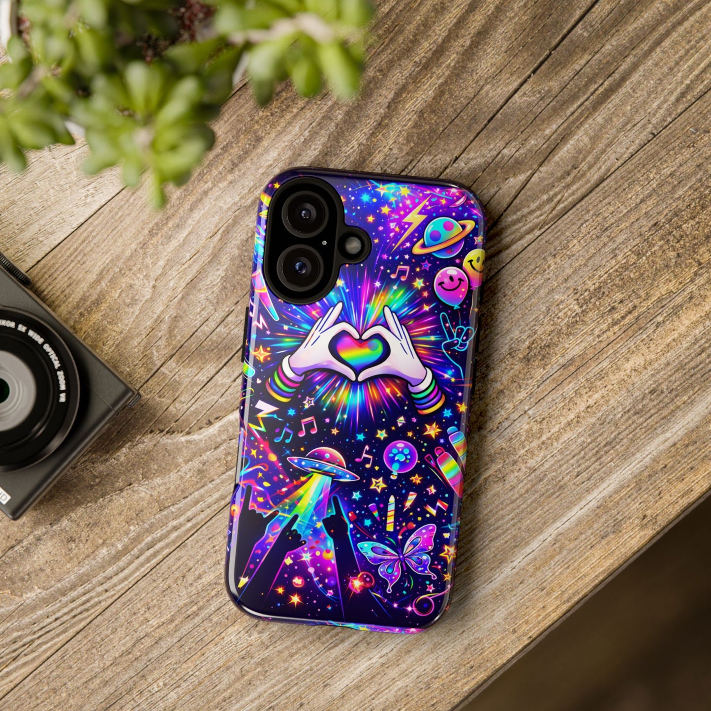 Rainbow Heart Hands Phone Case – Neon Galaxy EDM Festival Tough Cover