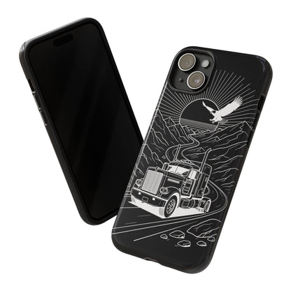 Trucker Highway Phone Case | Eagle & Mountain Line Art | Black Western Tough Case