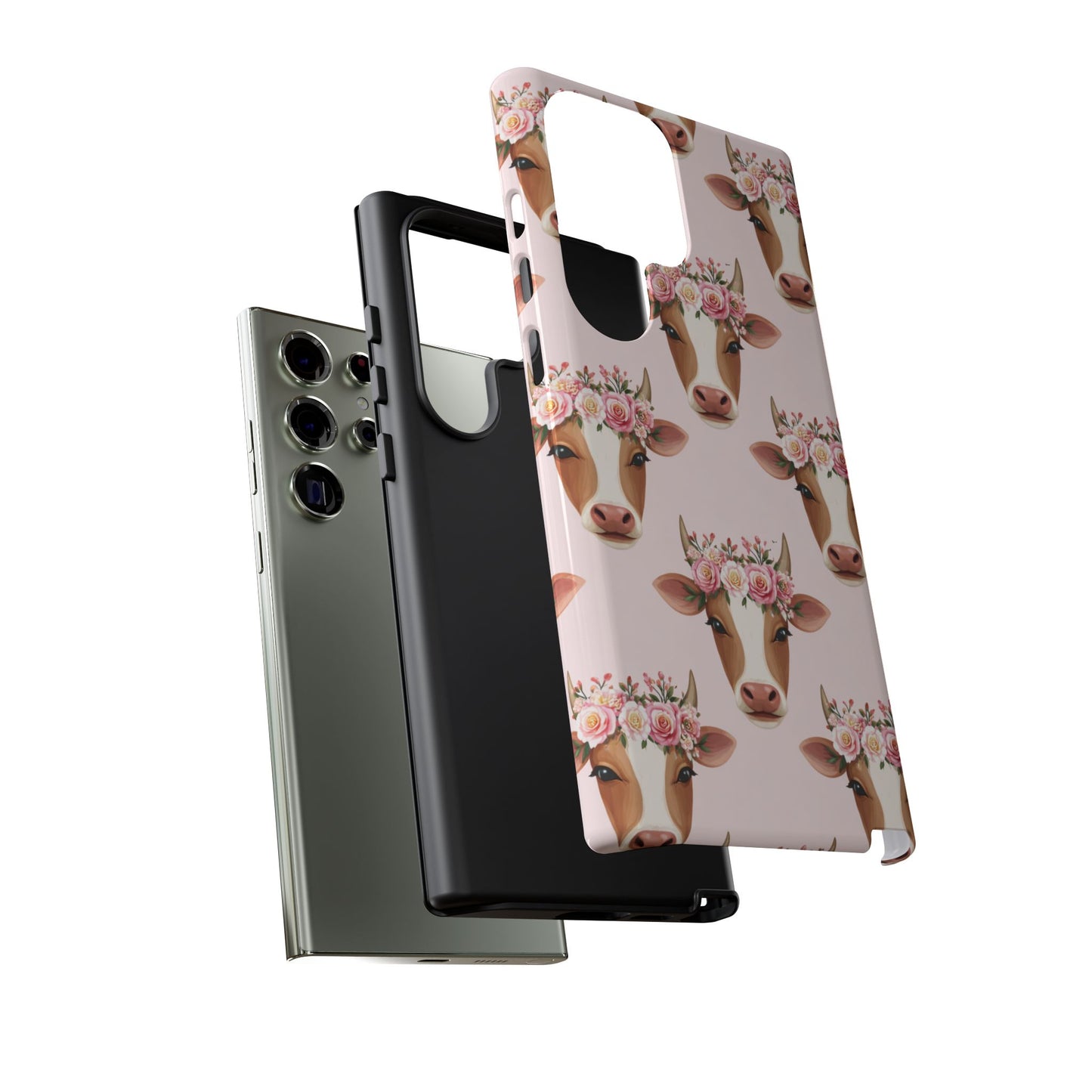 Floral Cow Phone Case – Cute Pink Cow Print Tough Protective Case for Iphone, Samsung Galaxy and Pixel