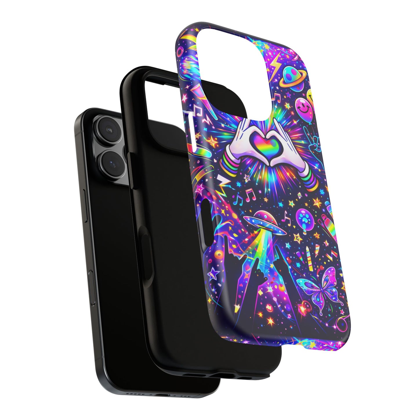Rainbow Heart Hands Phone Case – Neon Galaxy EDM Festival Tough Cover