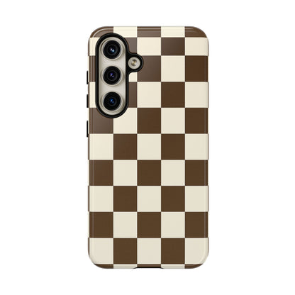 Mocha Checkerboard Phone Case | Neutral Aesthetic Checkered iPhone & Samsung Tough Case