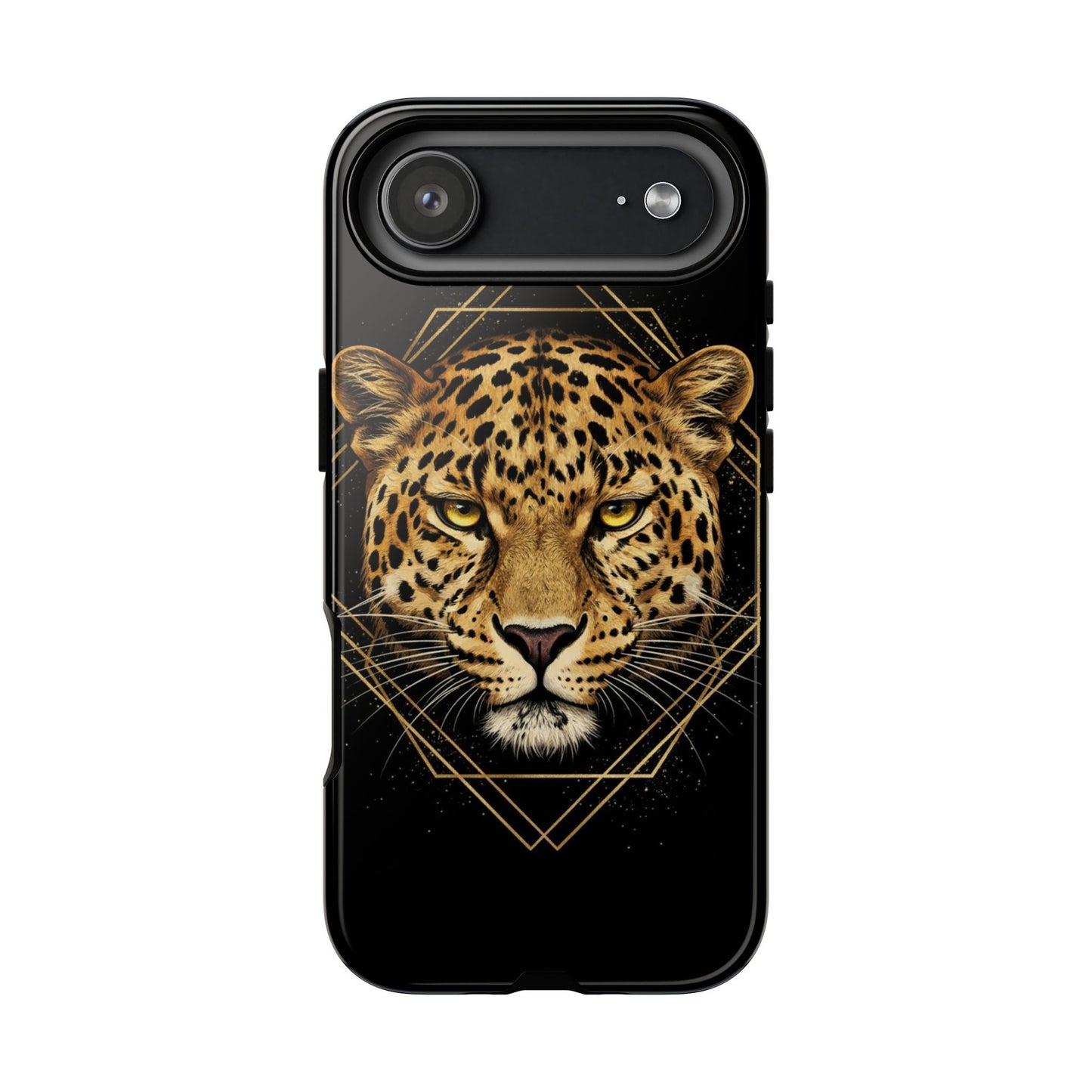 Leopard Head Geometric Phone Case – Black & Gold Luxe Tough Case