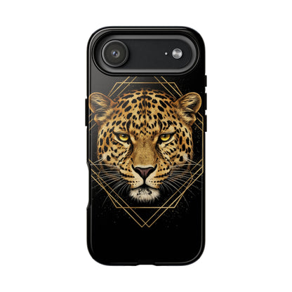 Leopard Head Geometric Phone Case – Black & Gold Luxe Tough Case