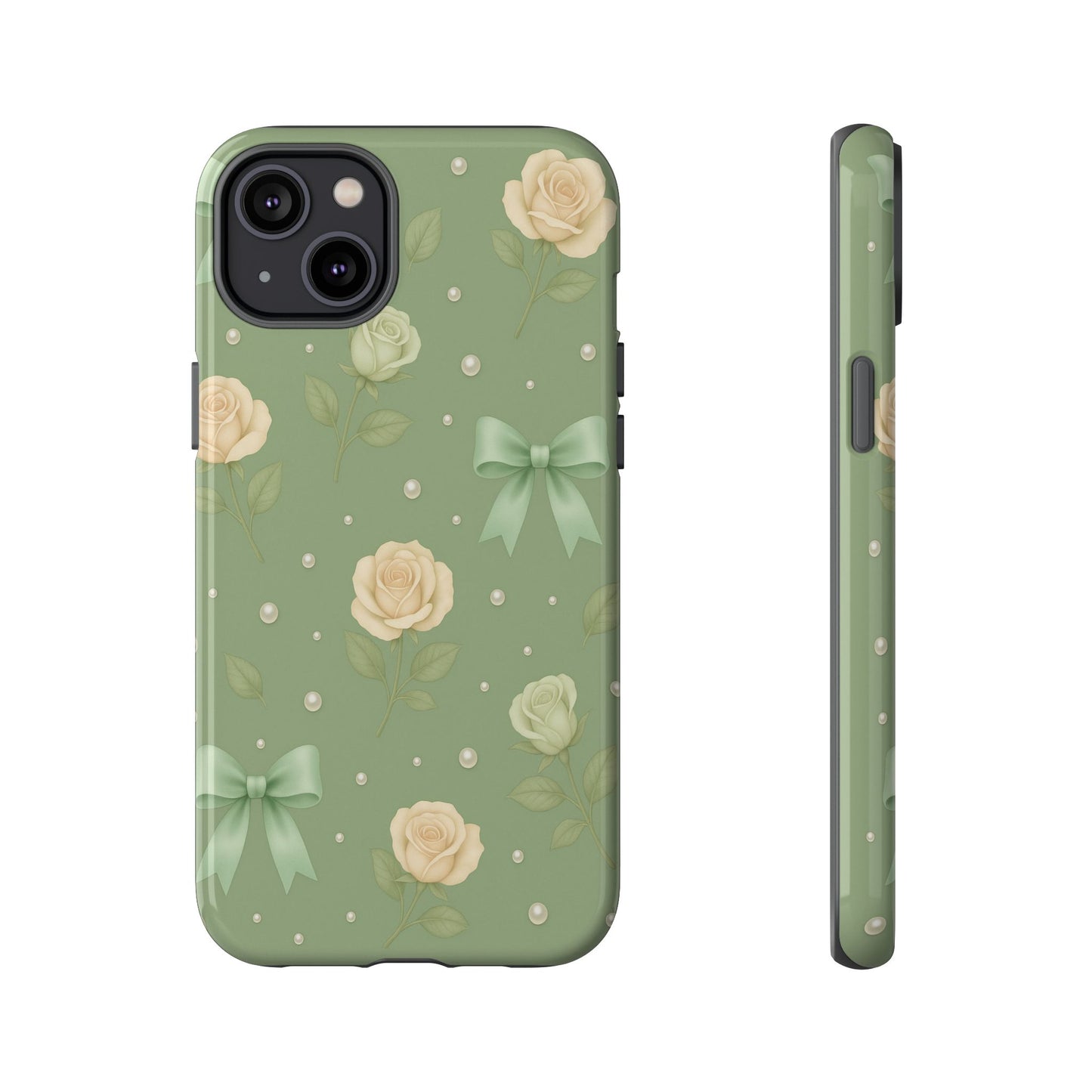 Vintage Rose Bow Phone Case – Sage Green Floral Coquette Aesthetic Tough Case (iPhone, Samsung, Pixel)