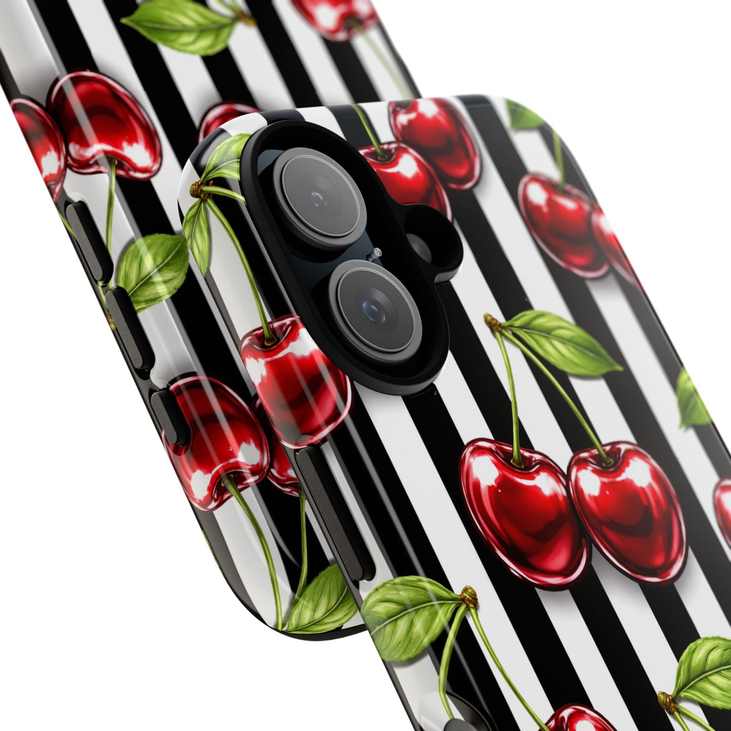 Cherry Pattern Phone Case Black White Stripe Retro Aesthetic Tough Cover