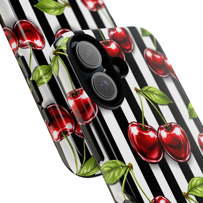Cherry Pattern Phone Case Black White Stripe Retro Aesthetic Tough Cover