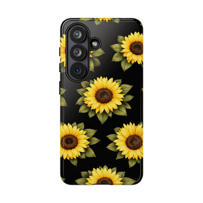 Sunflower Floral Tough Phone Case – Black Background Protective Cover for Iphone, Samsung Galaxy and Pixel