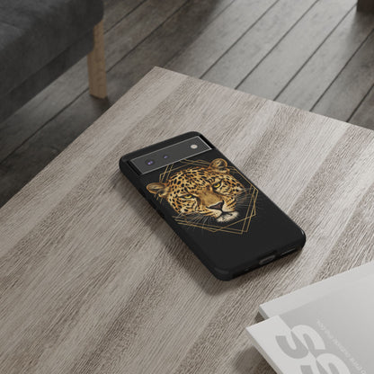 Leopard Head Geometric Phone Case – Black & Gold Luxe Tough Case