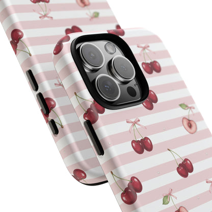 Pink Cherry Stripe Phone Case | Cute Coquette Aesthetic Protective Tough Case