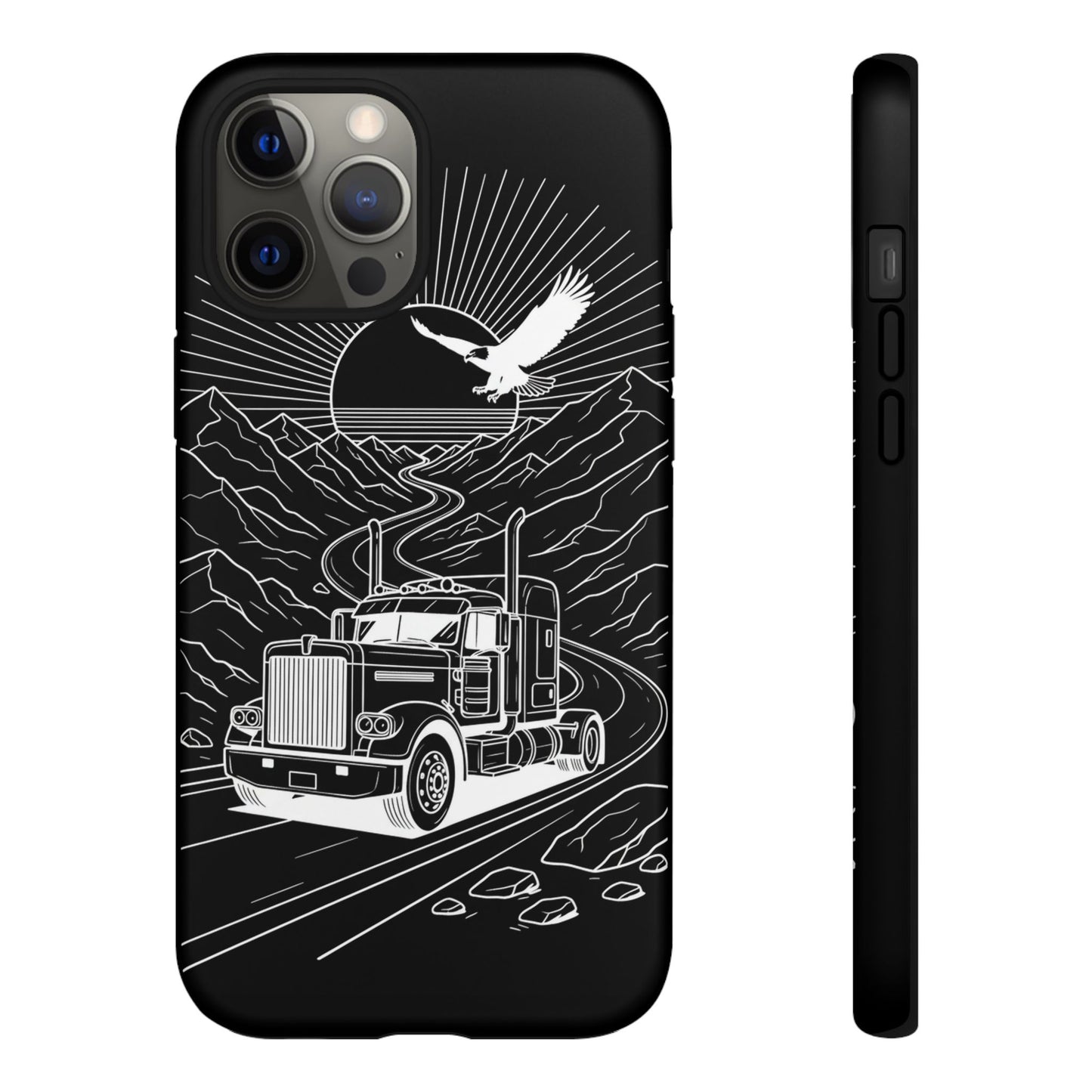 Trucker Highway Phone Case | Eagle & Mountain Line Art | Black Western Tough Case