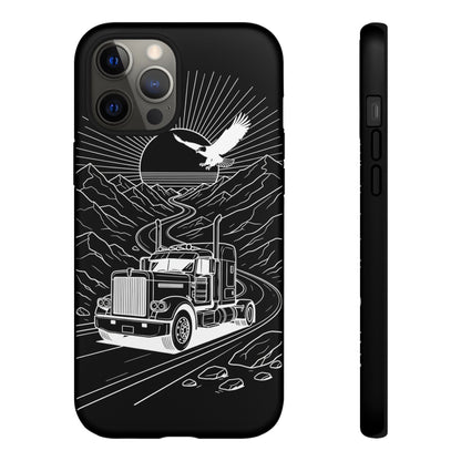 Trucker Highway Phone Case | Eagle & Mountain Line Art | Black Western Tough Case