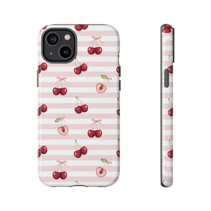 Pink Cherry Stripe Phone Case | Cute Coquette Aesthetic Protective Tough Case