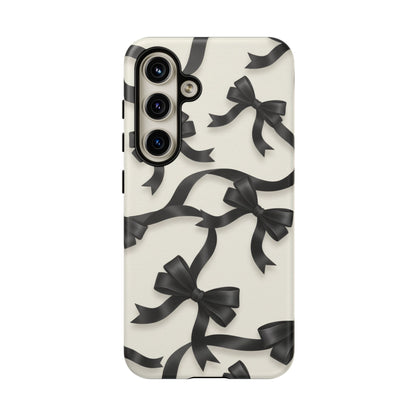 Black Ribbon Bow Phone Case, Minimal Bow Pattern Tough Protective Case