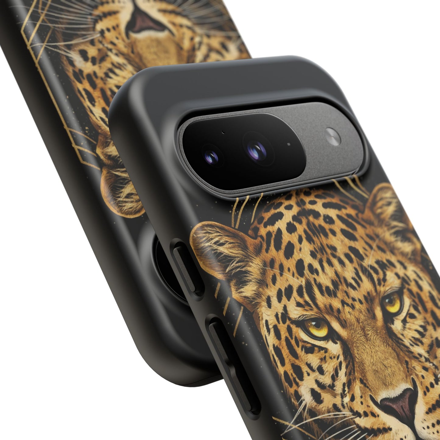 Leopard Head Geometric Phone Case – Black & Gold Luxe Tough Case