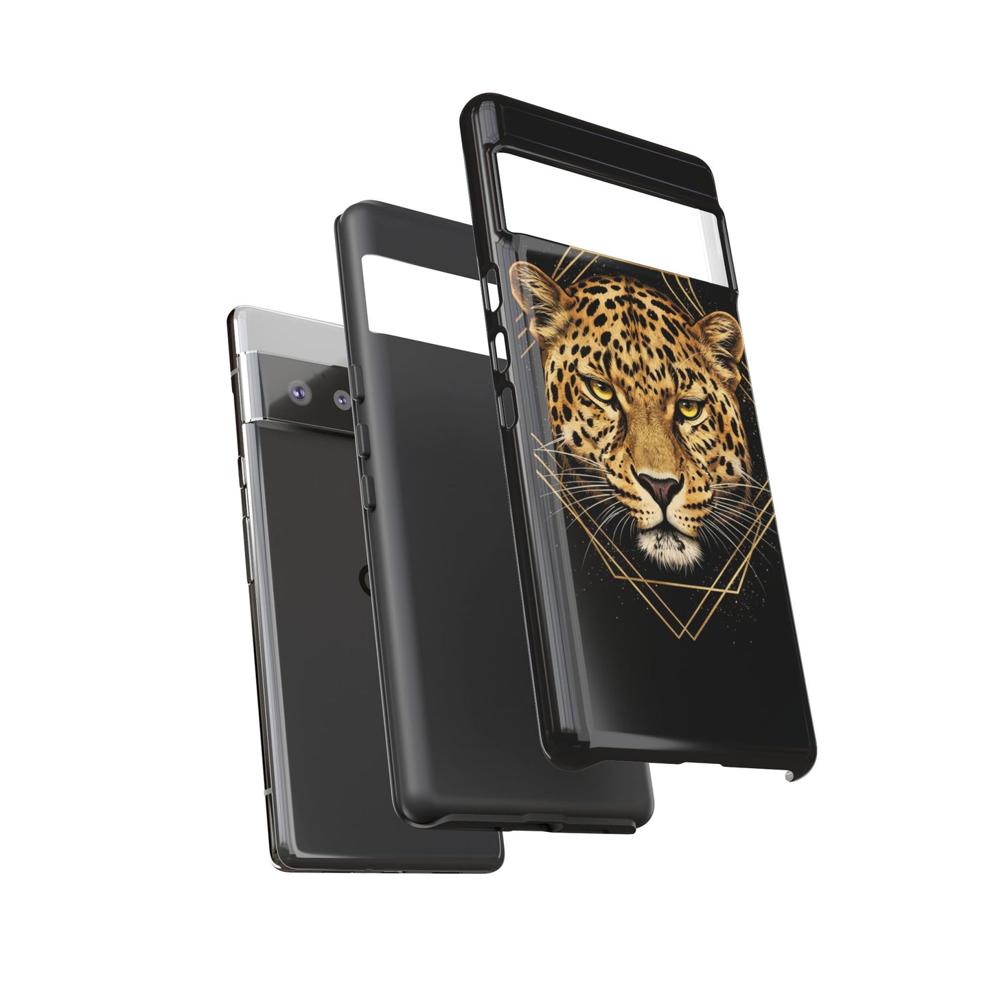 Leopard Head Geometric Phone Case – Black & Gold Luxe Tough Case