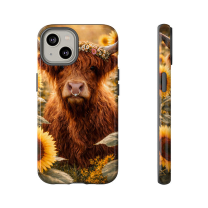 Highland Cow Sunflower Phone Case | Floral Farmhouse iPhone, Samsung Galaxy and Pixel Cover