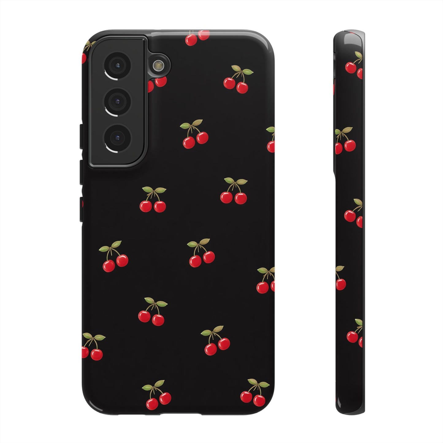 Cherry Pattern Phone Case — Slim Black Protective iPhone Case with Red Cherries for Iphone, Samsung Galaxy and Pixel