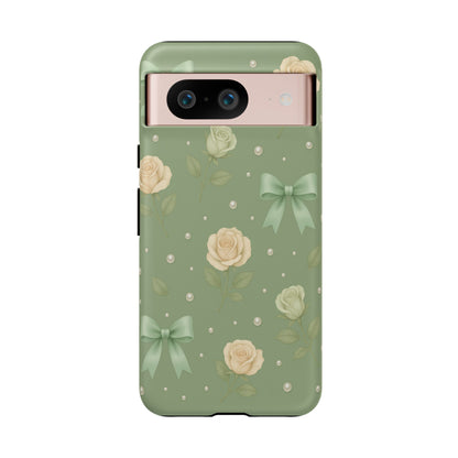 Vintage Rose Bow Phone Case – Sage Green Floral Coquette Aesthetic Tough Case (iPhone, Samsung, Pixel)