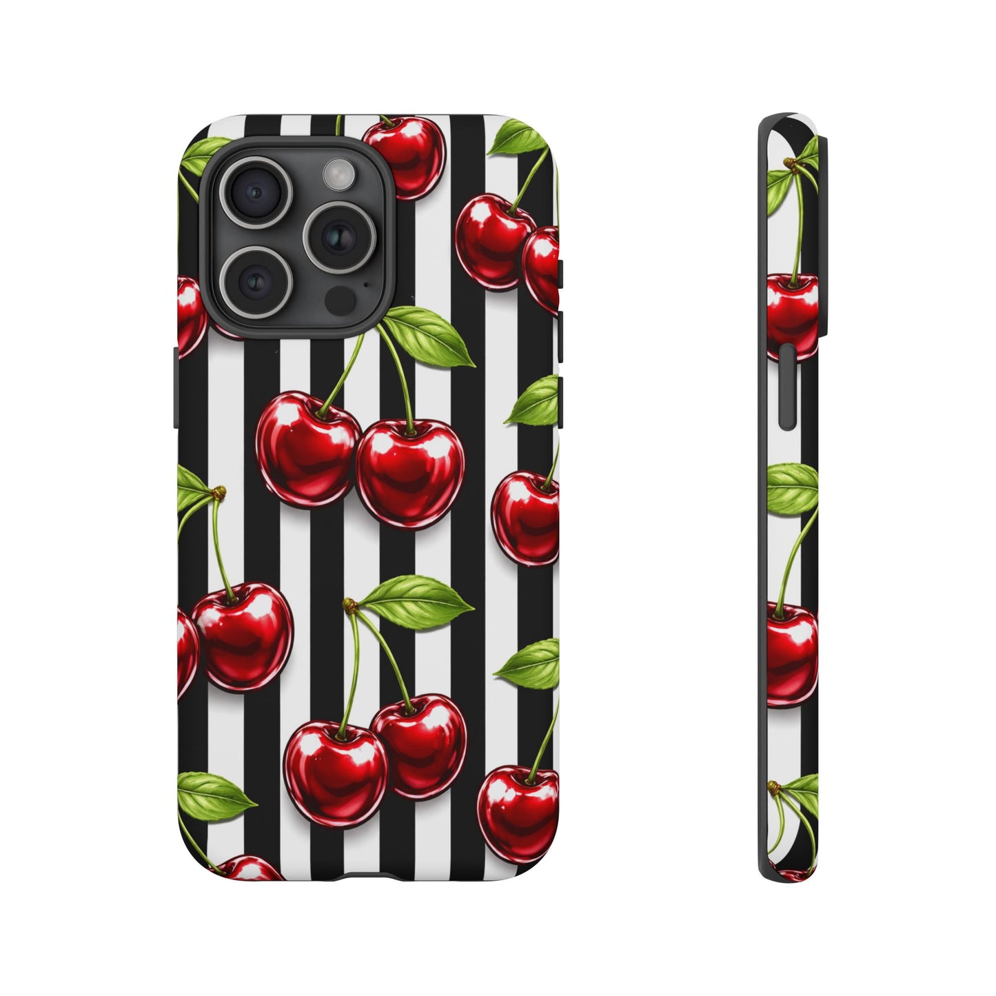 Cherry Pattern Phone Case Black White Stripe Retro Aesthetic Tough Cover