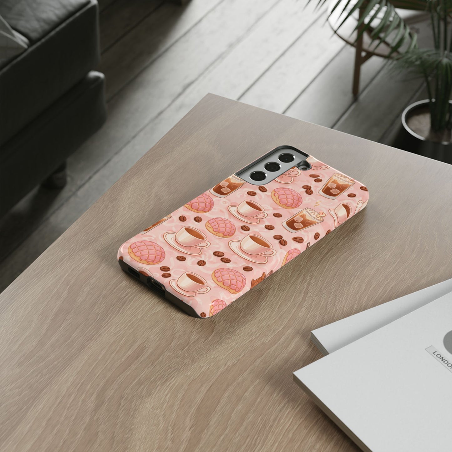 Cute Coffee & Pink Concha Phone Case – Coffee Lover Aesthetic Latte Pattern Tough Case