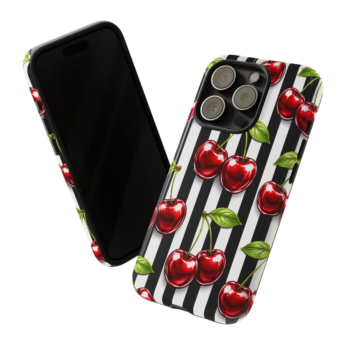 Cherry Pattern Phone Case Black White Stripe Retro Aesthetic Tough Cover