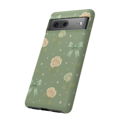 Vintage Rose Bow Phone Case – Sage Green Floral Coquette Aesthetic Tough Case (iPhone, Samsung, Pixel)