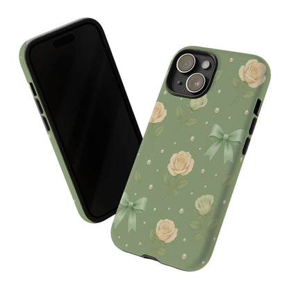 Vintage Rose Bow Phone Case – Sage Green Floral Coquette Aesthetic Tough Case (iPhone, Samsung, Pixel)