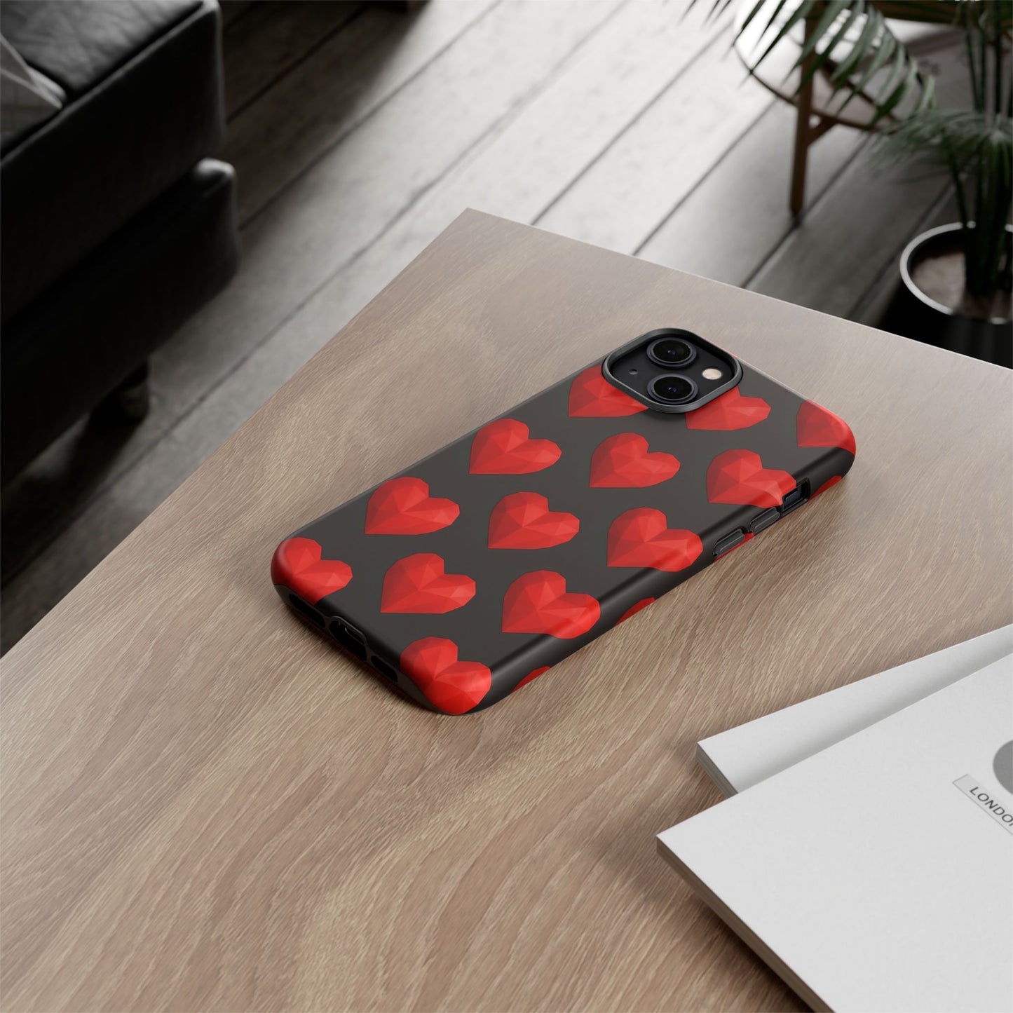 Red Heart Phone Case – Geometric Heart Pattern Tough Case (Black)