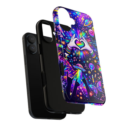 Rainbow Heart Hands Phone Case – Neon Galaxy EDM Festival Tough Cover