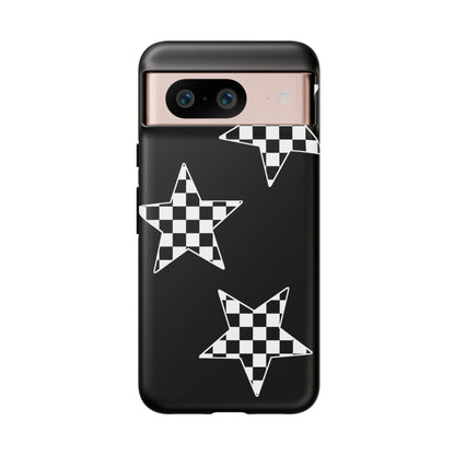 Checkered Star Tough Phone Case – Black Retro Graphic Protective Cover for Iphone, Samsung Galaxy and Pixel