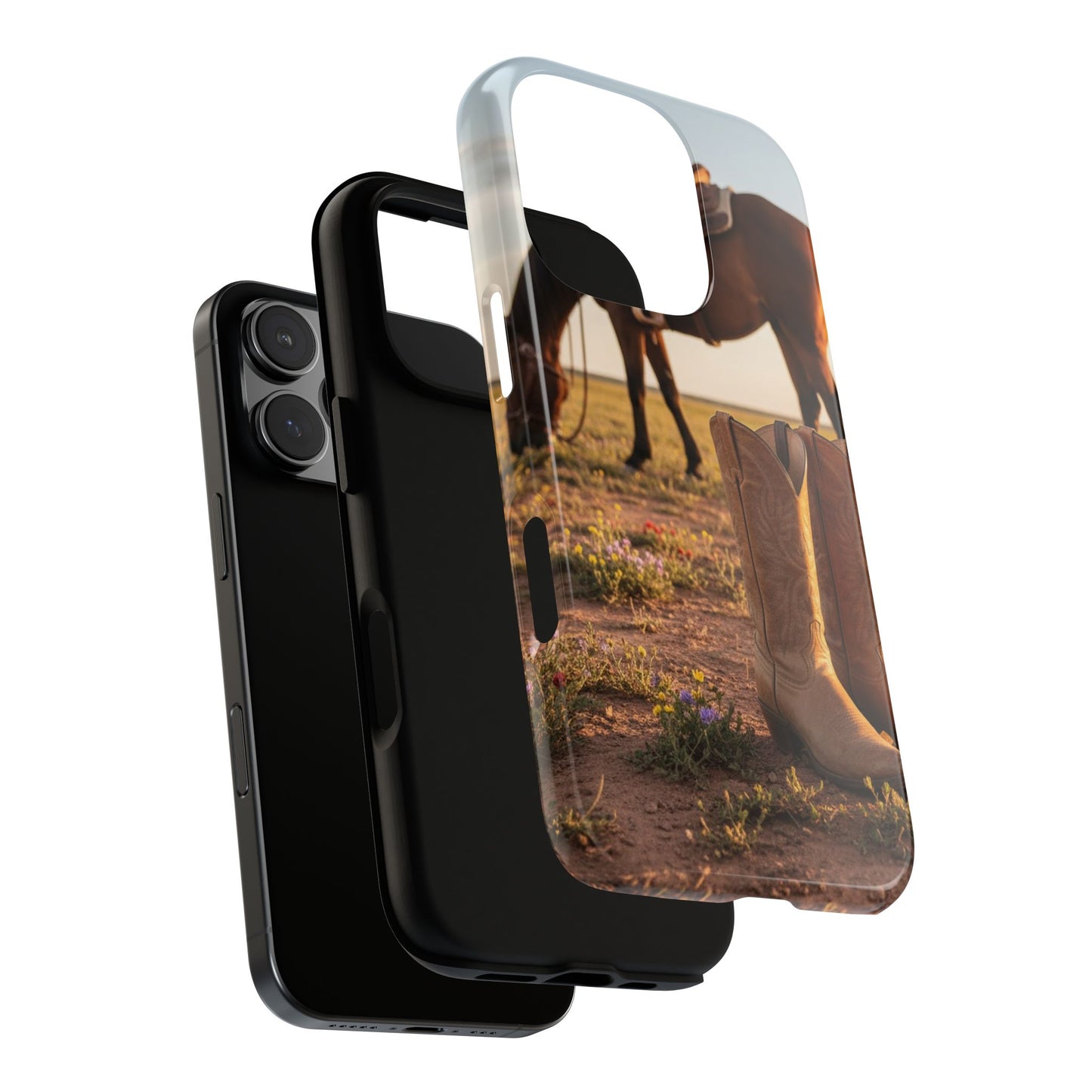 Western Cowboy Boots Phone Case – Rustic Horse Sunset Tough Case (iPhone, Samsung, Pixel)