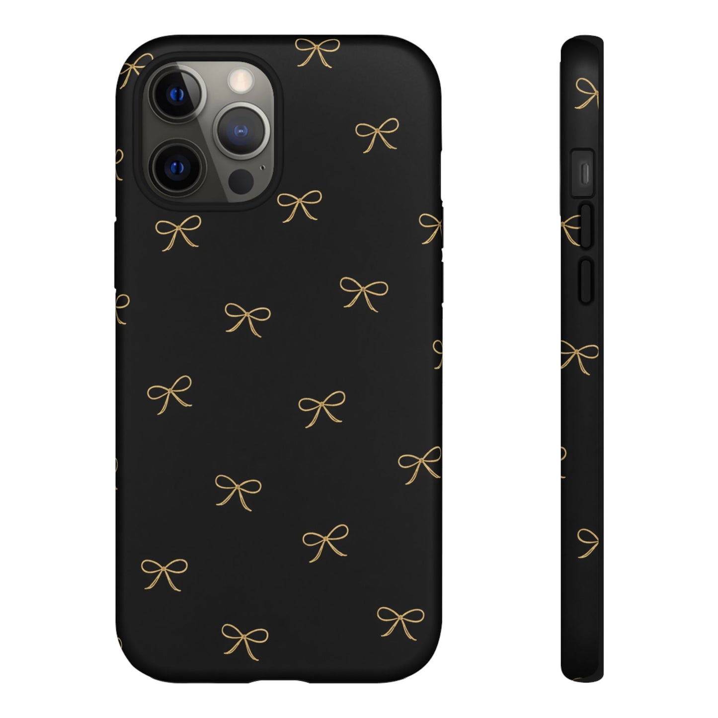 Black Phone Case with Gold Bow Pattern – Slim Protective Cute Aesthetic Cover for Iphone, Samsung Galaxy and Pixel