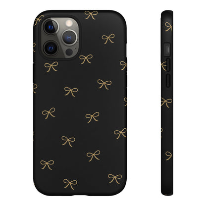 Black Phone Case with Gold Bow Pattern – Slim Protective Cute Aesthetic Cover for Iphone, Samsung Galaxy and Pixel
