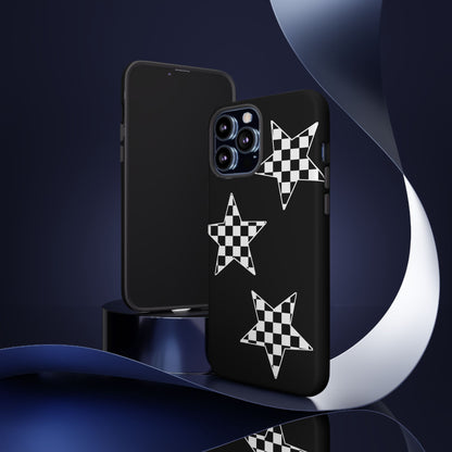 Checkered Star Tough Phone Case – Black Retro Graphic Protective Cover for Iphone, Samsung Galaxy and Pixel