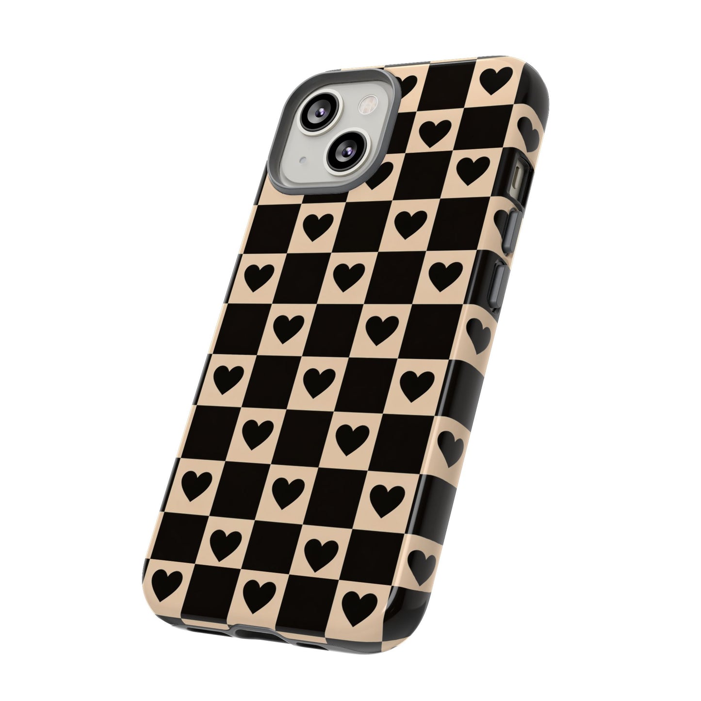 Checkerboard Heart Phone Case – Black & Beige Cute Aesthetic Protective Cover for Iphone, Samsung Galaxy and Pixel