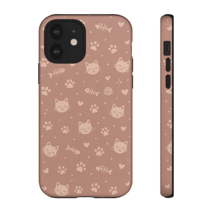 Cute Cat Pattern Phone Case | Paw Prints, Fishbone & Yarn Design Tough Case