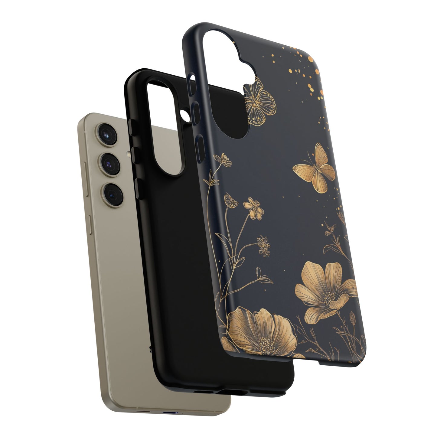 Gold Floral Butterfly Phone Case, Dark Aesthetic Botanical, Elegant Black Luxury iPhone Samsung Cover