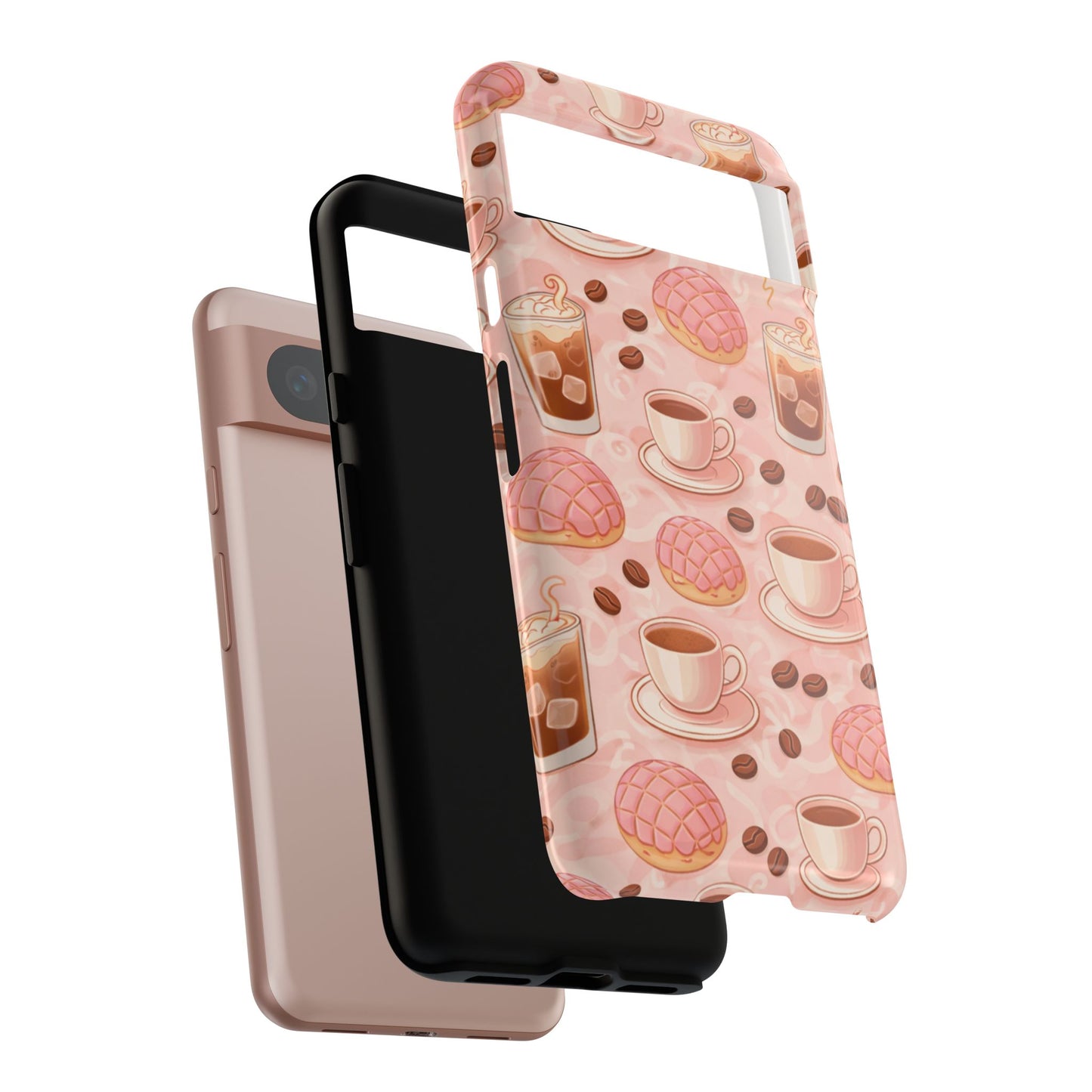 Cute Coffee & Pink Concha Phone Case – Coffee Lover Aesthetic Latte Pattern Tough Case