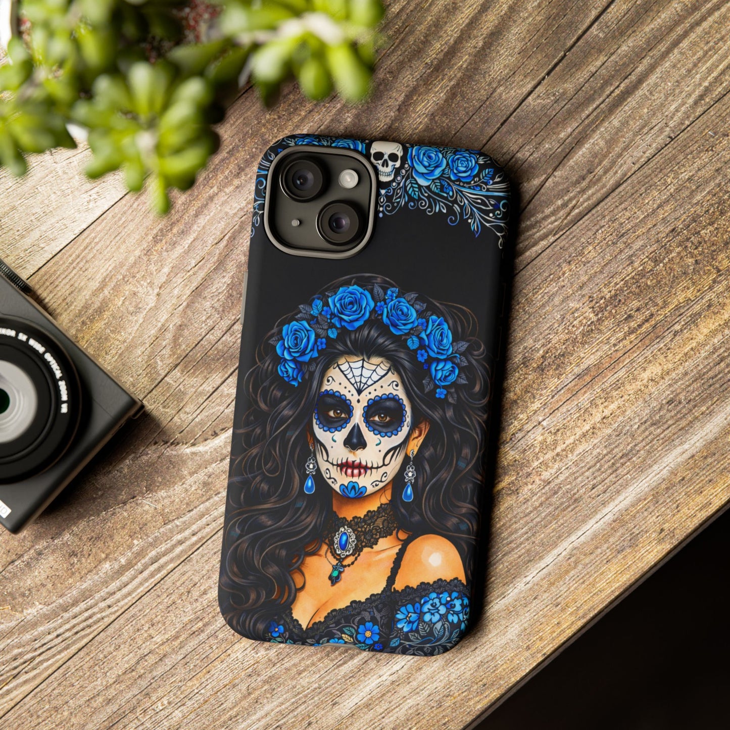 Blue Sugar Skull Woman Phone Case – Day of the Dead Aesthetic Tough Cover