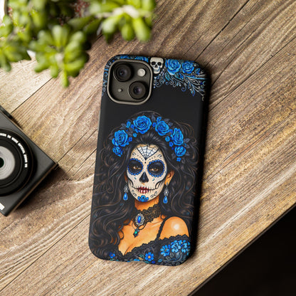 Blue Sugar Skull Woman Phone Case – Day of the Dead Aesthetic Tough Cover