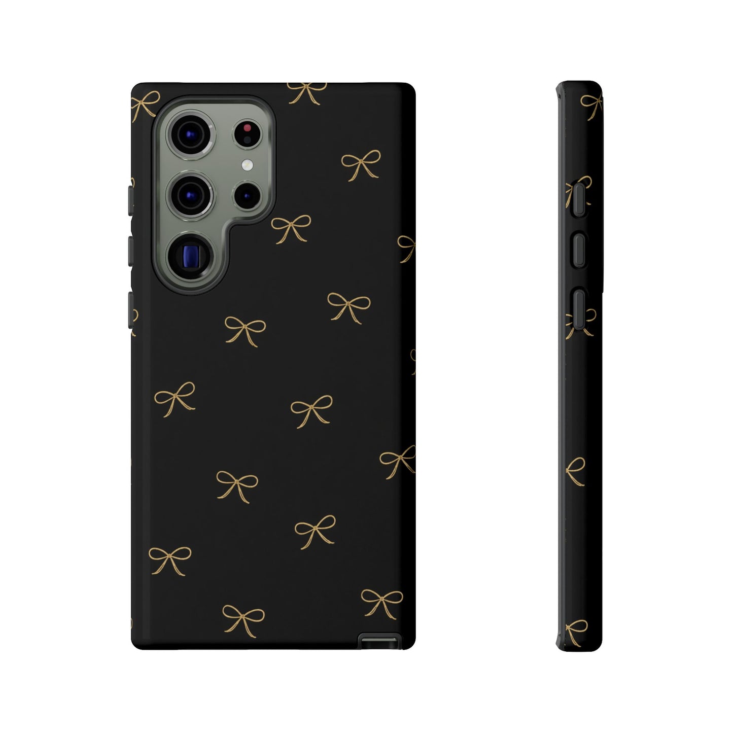 Black Phone Case with Gold Bow Pattern – Slim Protective Cute Aesthetic Cover for Iphone, Samsung Galaxy and Pixel